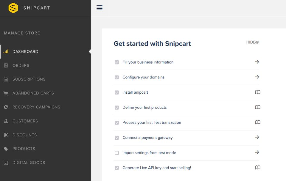 Snipcart admin panel screenshot